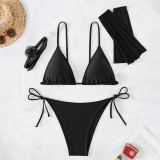 4 Pieces/Set Plain Halter Triangle Bikini Swimsuit With Sleeve