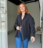 Women Solid Style Long Sleeve Back Slit Loose Shirt