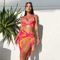 3 Pieces Baroque Print Push Up Bikini Swimsuit With Beach Skirt 3 Pieces Baroque Print Push Up Bikini Swimsuit With Beach Skirt