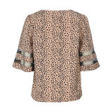 Mid-sleeve Gauze Patchwork Leopard Print Shirt