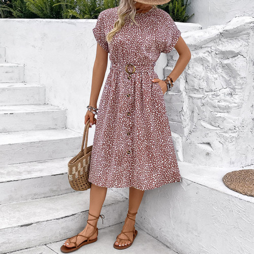 Floral Print Batwing Sleeve Pleated Hem Belted Shirt Dress