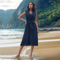 Summer V Neck Sleeveless Solid Color Beach Dress