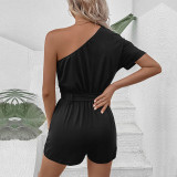 Casual One Shoulder Solid Color Short Rompers