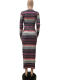 Casual Pit Striped Print Round Neck Long Dress