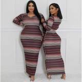 Casual Pit Striped Print Round Neck Long Dress