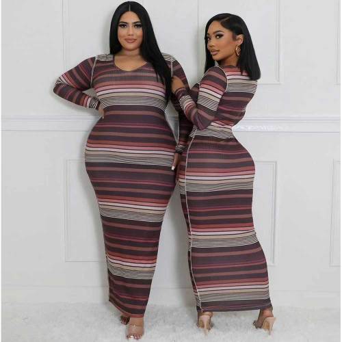 Casual Pit Striped Print Round Neck Long Dress