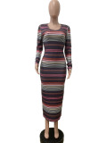 Casual Pit Striped Print Round Neck Long Dress