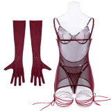 Sexy Lace Lingerie with Gloves Pajamas Gathered Steel Ring Erotic Set