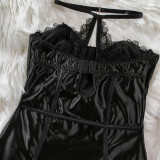 Lace Splice Sexy Bodysuit Gathered Wrapped Chest Halter Erotic Lingerie