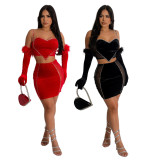 (Available Early March) Hot Diamond Straps Cropped Top A-line Short Skirt with Gloves