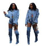 Drilled Ragged Irregular Shirt Collar Long Sleeve Denim Cropped Jacket