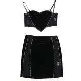 (Available Early March) Hot Diamond Straps Cropped Top A-line Short Skirt with Gloves