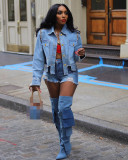 Drilled Ragged Irregular Shirt Collar Long Sleeve Denim Cropped Jacket