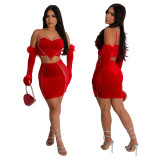(Available Early March) Hot Diamond Straps Cropped Top A-line Short Skirt with Gloves