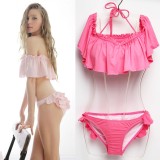 Solid Off Shoulder Ruffled Bikini Push-up Underwire Swimsuit
