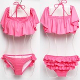 Solid Off Shoulder Ruffled Bikini Push-up Underwire Swimsuit