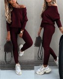 Solid Color Pullover Sloping Shoulders Sports Drawstring Joggers Set