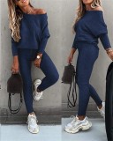 Solid Color Pullover Sloping Shoulders Sports Drawstring Joggers Set