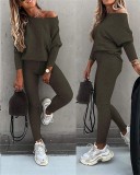 Solid Color Pullover Sloping Shoulders Sports Drawstring Joggers Set