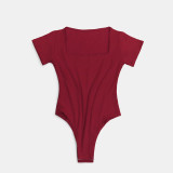 Women Casual Square Neck Solid Short Sleeve Bodysuit