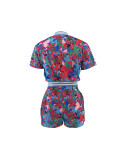 Fashion Printed Casual Zipper Short Sleeve Shorts Set