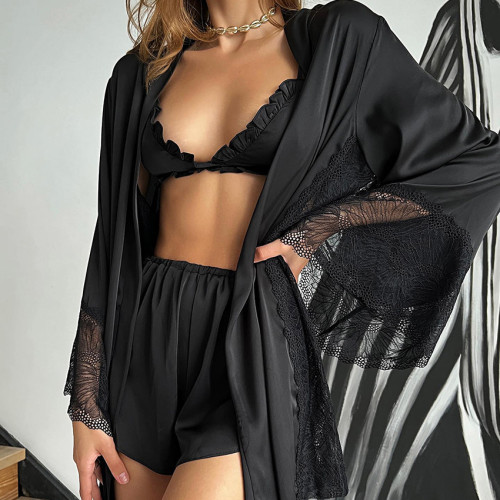 Sexy Pajamas Three-Piece Long-Sleeved Bathrobe Satin Underwear Ladies Pajamas Home Clothes