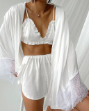 Sexy Pajamas Three-Piece Long-Sleeved Bathrobe Satin Underwear Ladies Pajamas Home Clothes