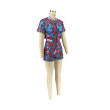 Fashion Printed Casual Zipper Short Sleeve Shorts Set