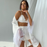 Sexy Pajamas Three-Piece Long-Sleeved Bathrobe Satin Underwear Ladies Pajamas Home Clothes