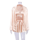 Sexy Pajamas Three-Piece Long-Sleeved Bathrobe Satin Underwear Ladies Pajamas Home Clothes