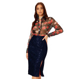 Women Slit Bodycon Sequined Skirt