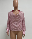 Women's Deep V Pleated Loose Ladies Chic Sequin Long Sleeve Shirt