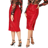 Women Slit Bodycon Sequined Skirt