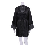 Sexy Pajamas Three-Piece Long-Sleeved Bathrobe Satin Underwear Ladies Pajamas Home Clothes