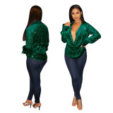 Women's Deep V Pleated Loose Ladies Chic Sequin Long Sleeve Shirt