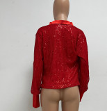 Women's Deep V Pleated Loose Ladies Chic Sequin Long Sleeve Shirt
