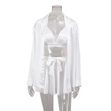 Sexy Pajamas Three-Piece Long-Sleeved Bathrobe Satin Underwear Ladies Pajamas Home Clothes