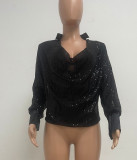 Women's Deep V Pleated Loose Ladies Chic Sequin Long Sleeve Shirt