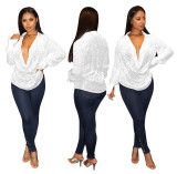 Women's Deep V Pleated Loose Ladies Chic Sequin Long Sleeve Shirt