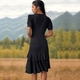 Puff Sleeve Ruffle Trim Wrap Hem Dress