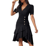 Puff Sleeve Ruffle Trim Wrap Hem Dress