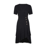 Puff Sleeve Ruffle Trim Wrap Hem Dress