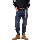 Mens Micro elasticity Wide Pants Wash Denim Pants