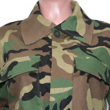 Women'S Long Casual Fashion Camouflage Print Big Pocket Turndown Collar Short Jacket