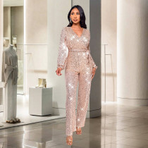 Casual Long Sleeve Belt Sequin Jumpsuit Women's Clothing