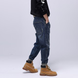 Mens Micro elasticity Wide Pants Wash Denim Pants