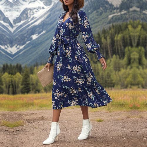 1pc Floral Print Lantern Sleeve Ruffle Hem Belted Dress