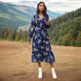 1pc Floral Print Lantern Sleeve Ruffle Hem Belted Dress