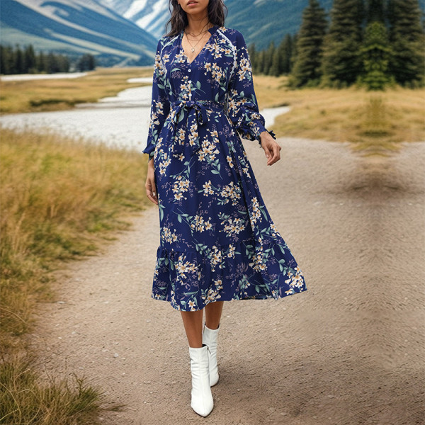 1pc Floral Print Lantern Sleeve Ruffle Hem Belted Dress
