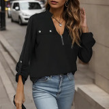 Women's Front Zip V Neck Long Sleeve Loose Casual Top Womens Long Button up Shirts
